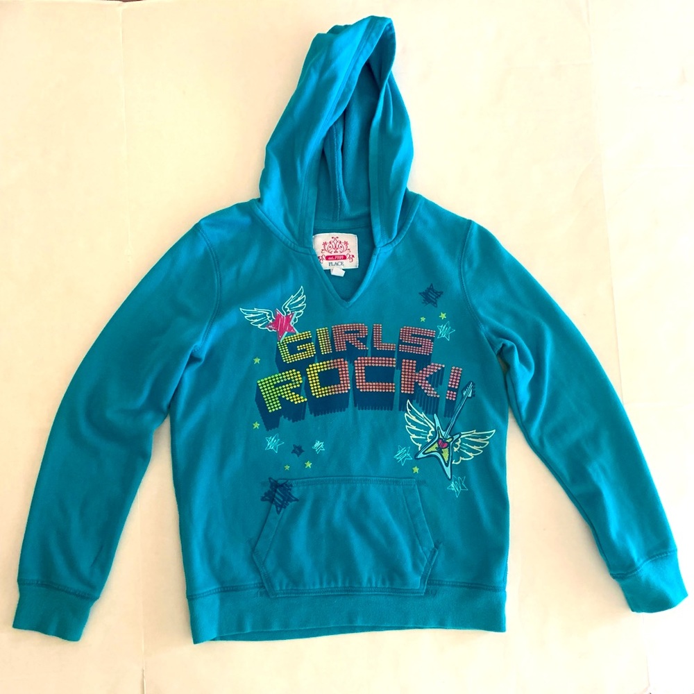 A blue “Girls Rock” hoodie in good condition